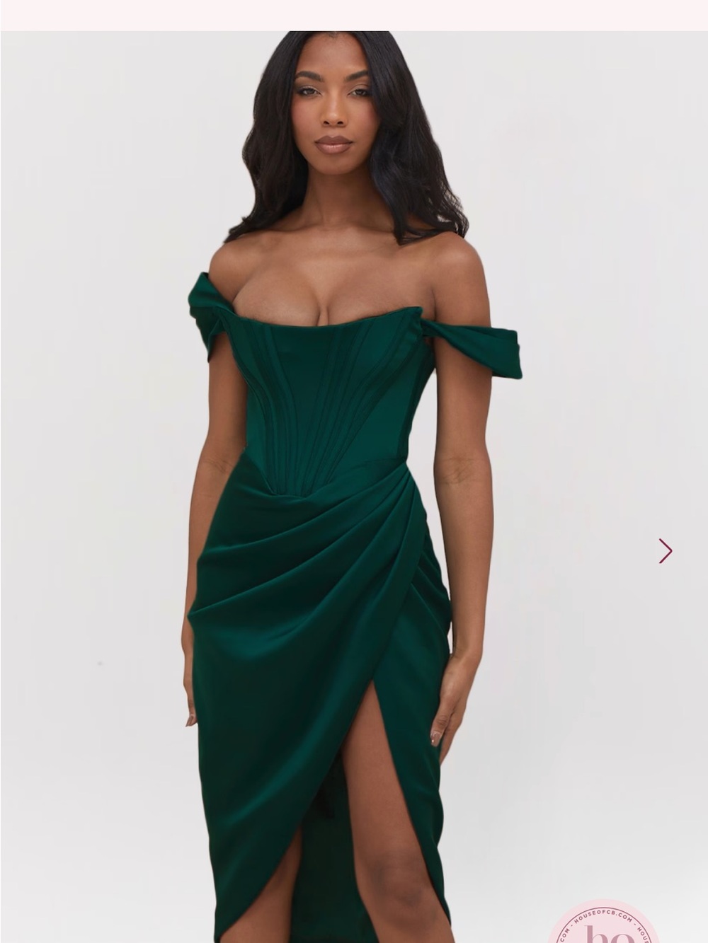 House of CB Emerald Green Off-Shoulder Midi Loretta Dress - Picture 3 of 5